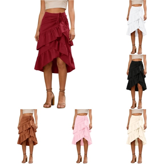SGMVNU Women's Ruffle Wrap Midi Skirts Western Cowgirl Skirts Flowy Drawstring High Low Asymmetrical Hem Skirts, Red, Size: S