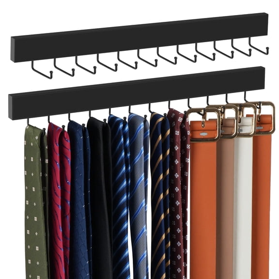 Tie and Belt Organizer Wall Mount, 2 Pack Wooden Hanger with 24 180° Rotating Hooks, Closet Storage Solution for Men, Black