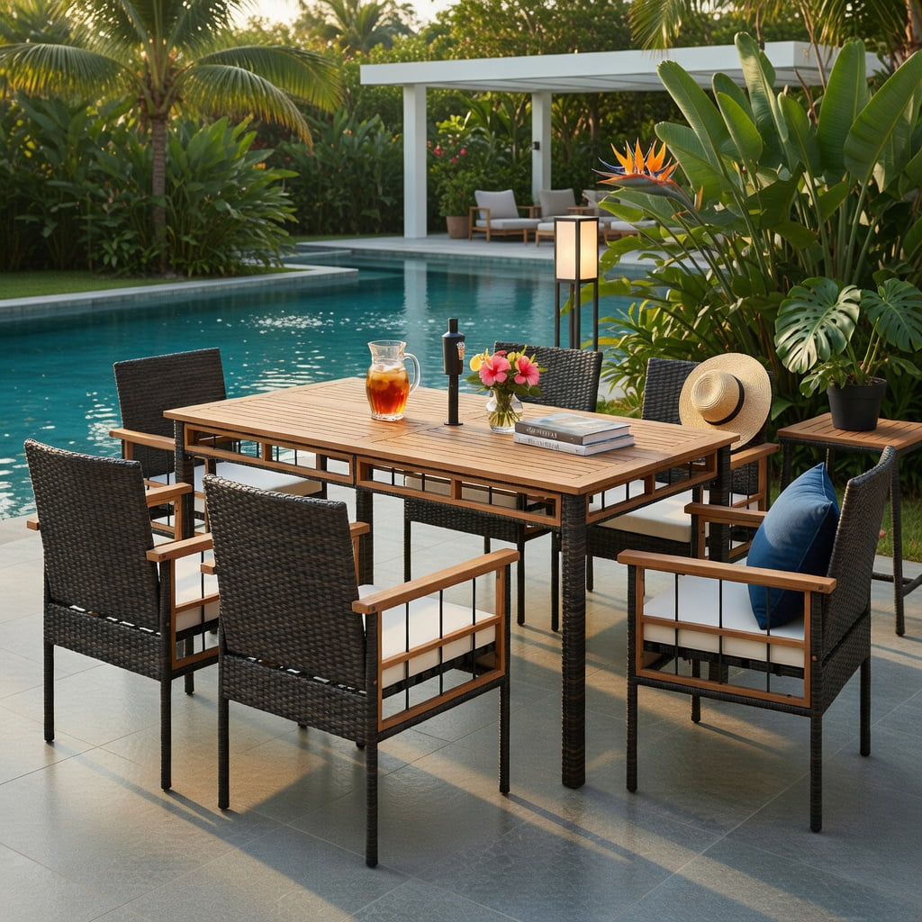 Hommoo 2-Piece Acacia Wood Patio Dining Chair Set with Removable Cushions, PE Rattan & Metal Frame, Ergonomic Design for Porch, Patio & Poolside, White