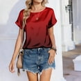 thumbnail image 4 of BOMYJESK Womens Tops Short Sleeve Crew Neck Gradient Tee Shirts Business Casual Fashion Silk Blouse Summer Curved Hem Basic Tees Red L, 4 of 6