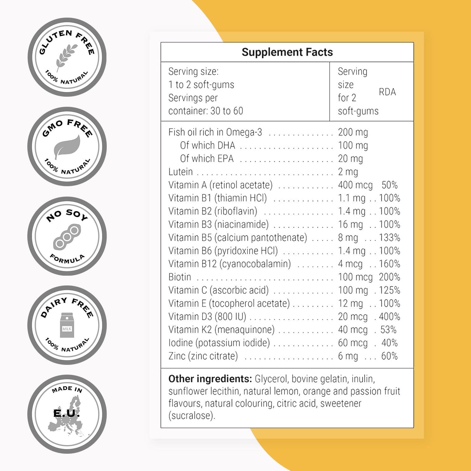 SuperSmart Daily Kids Gummies - Sugar-Free, Assorted Fruit Flavors for Ages 3+ Toddlers & Kids - with Omega 3 (EPA/DHA), Vitamin D3, C, B, E, K2, Lutein & Zinc | Optimal Doses | 60 Gummies