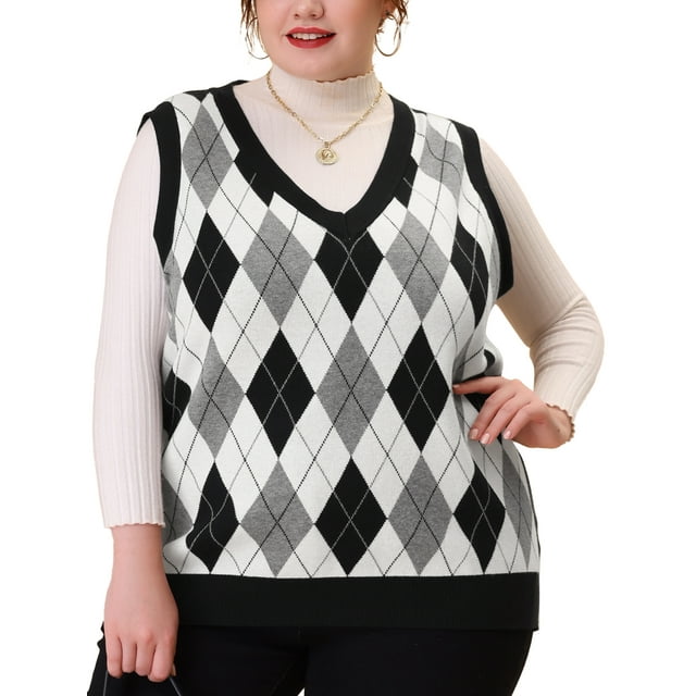 GRACE & GRANDEUR Chandail Sans Manches en Tricot à Col en V pour Femme Grande Taille3X Noir