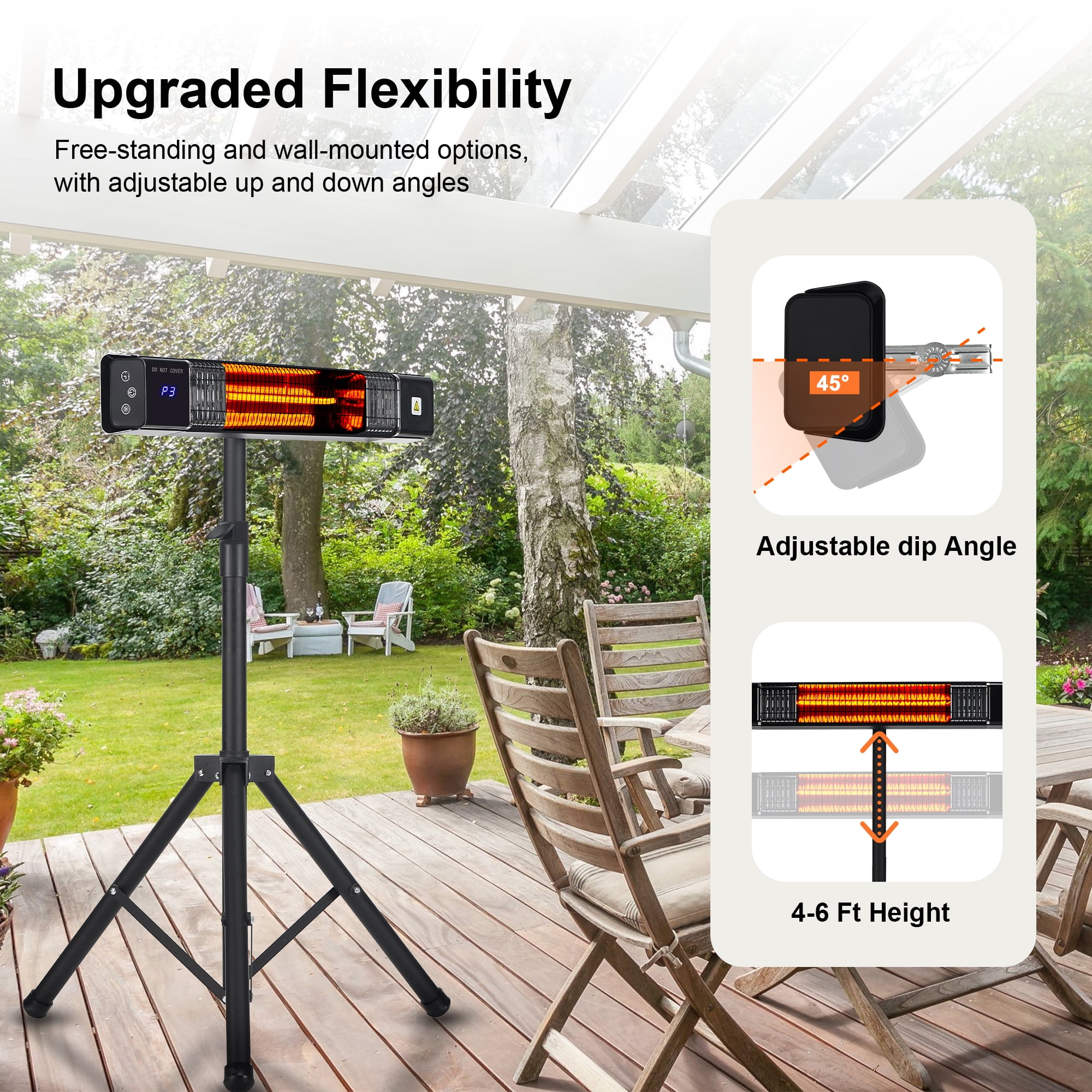 AKIRES Patio Heater,Electric Heater for Outdoor/Indoor Use,1500W Infrared  Space Heater with Remote,3 Modes,24H Timer,Waterproof,Wall  Mounted/Ceiling/Tripod for Garage,Backyard,Porch,Basement,Balcony -  Walmart.com