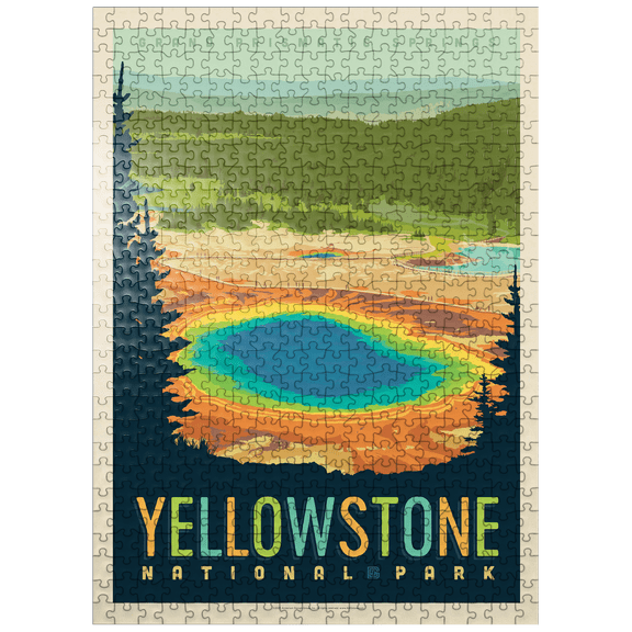 MyPuzzle - Yellowstone National Park: Grand Prismatic Springs, Vintage Poster - Premium 500 Piece Jigsaw Puzzle for Adults
