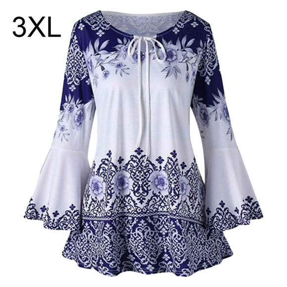 T-shirt pour Femmes Imprimé Blouse Décontractée Manches Évasées T-shirt Imprimé Col Rond Haut, Bleu, 3TG