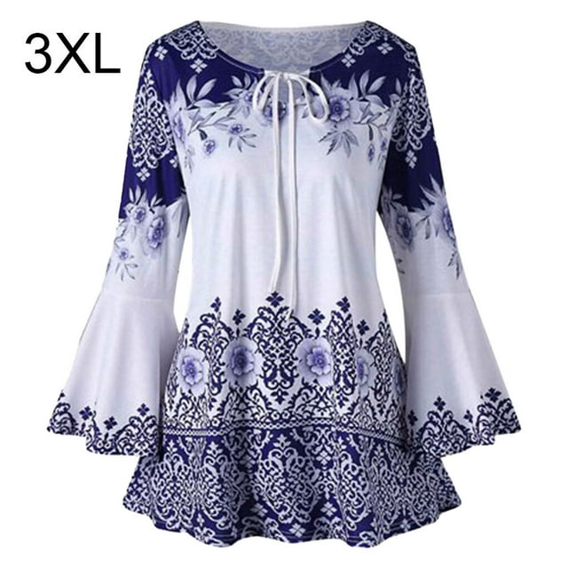 T-shirt pour Femmes Imprimé Blouse Décontractée Manches Évasées T-shirt Imprimé Col Rond Haut, Bleu, 3TG