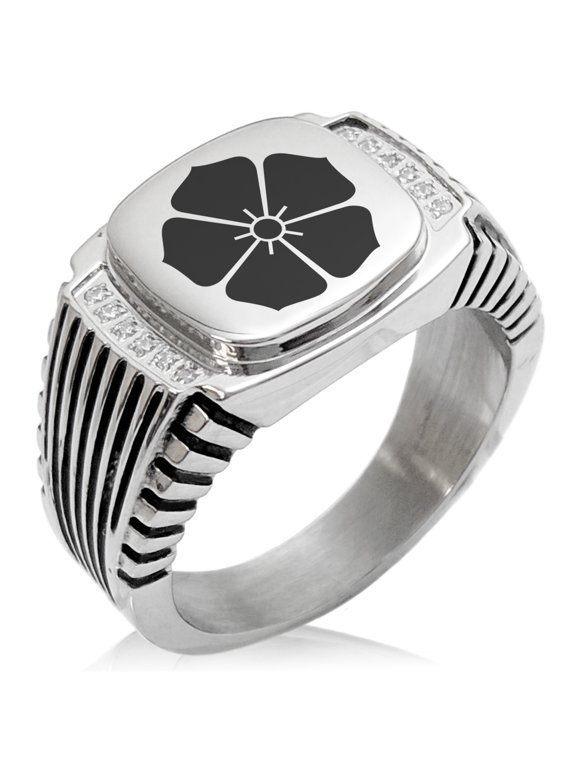 Stainless Steel Akechi Samurai Crest CZ Ribbed Needle Stripe Pattern Biker Style Polished Ring