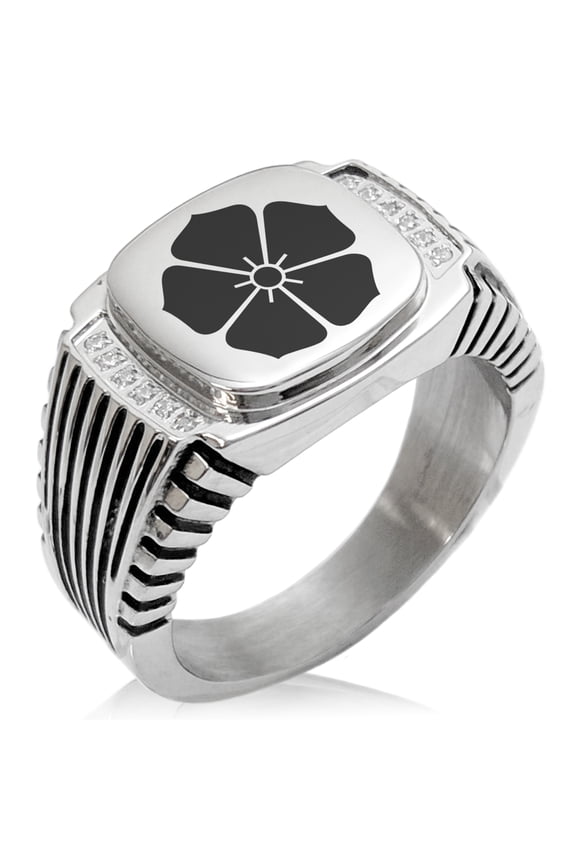 Stainless Steel Akechi Samurai Crest CZ Ribbed Needle Stripe Pattern Biker Style Polished Ring