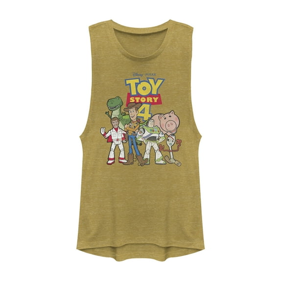 Junior's Toy Story Character Logo Party Festival Muscle Graphic Tee Gold Heather X Small