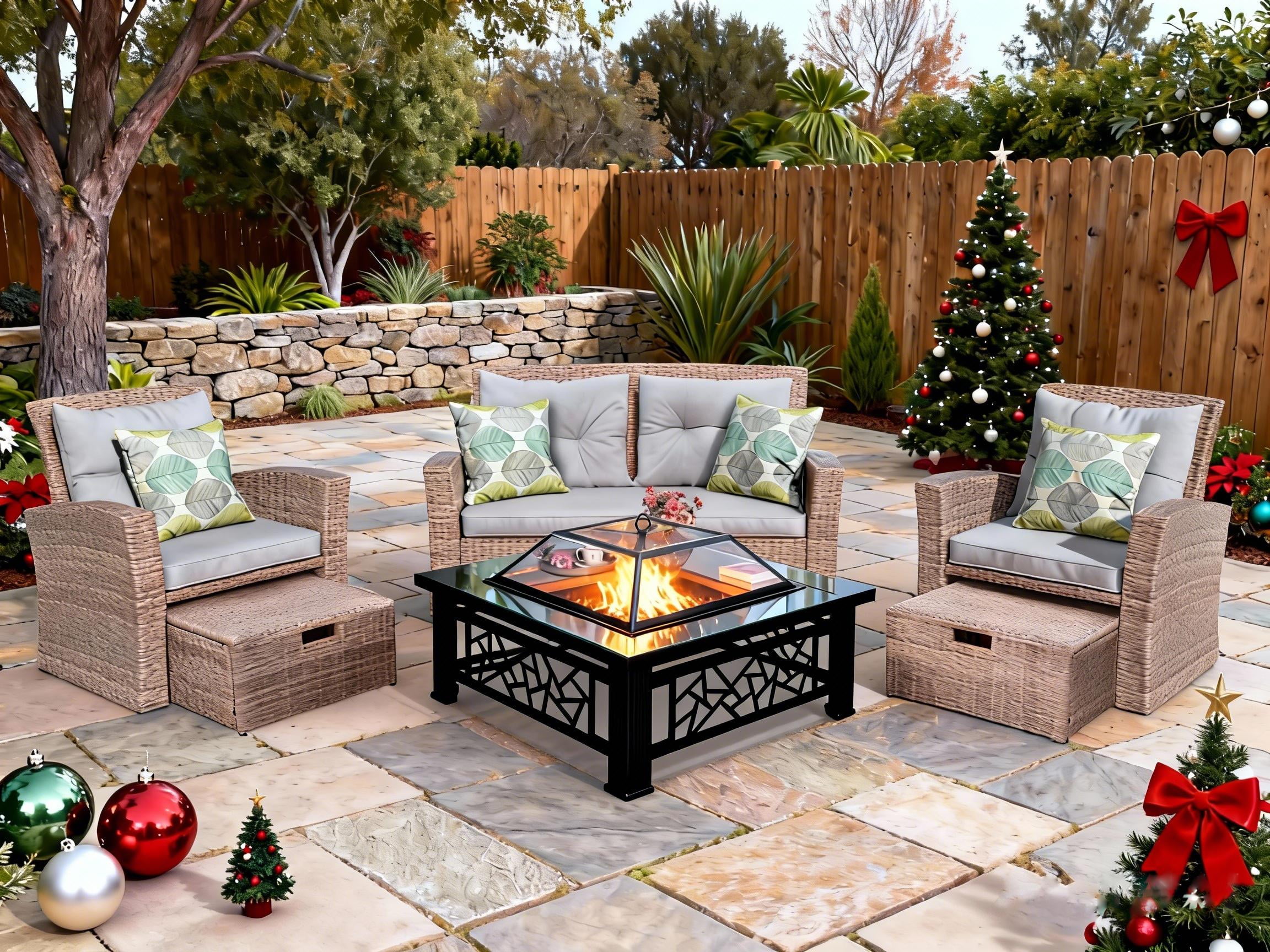 6-Piece Outdoor Patio Furniture Set,Multi-Functional 32-inch Outdoor Fire Pit,All-Weather PE Rattan Seating Setand, 4 Cushions,Suitable for Patios, Gardens, and Backyards ,Gray.