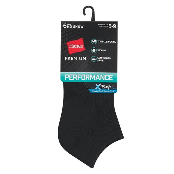 Hanes Women's No Show Socks 6-Pack Premium Performance Cushioned Black sz 5-9
