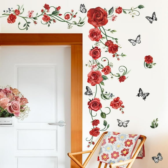Autocollants Muraux Vigne de Roses Rouges Décalcomanies Fleurs Papillons Feuilles Décoration Murale Chambre Salon Cuisine