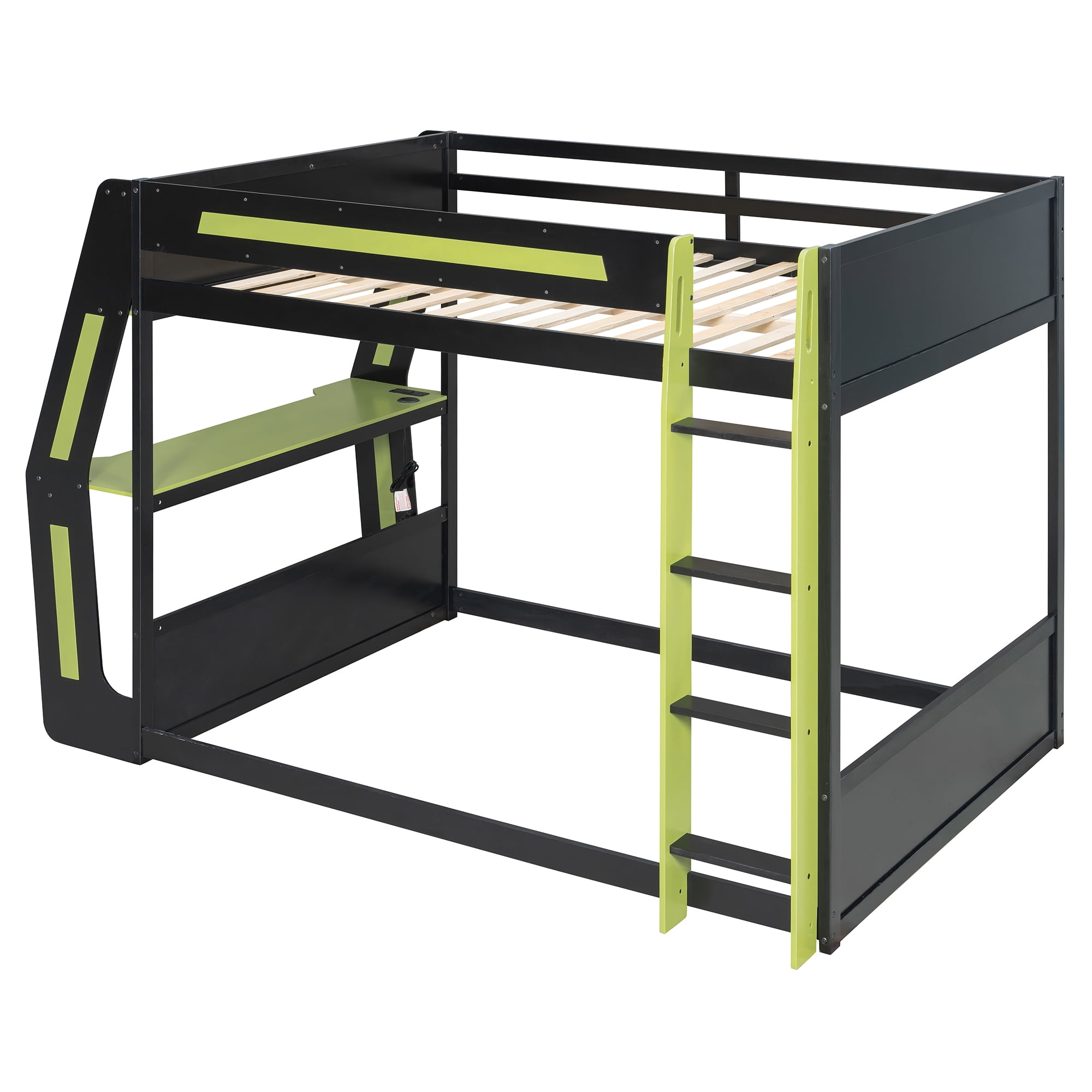 Aukfa Full Over Full Gaming Bunk Bed with Desk, USB Charging Station & LED Lights, Heavy-Duty Wood Esports Loft Bed Frame, Green