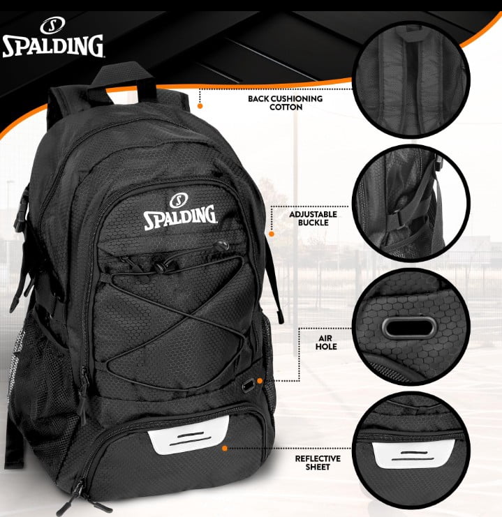 Spalding Backpack for Teens & Adults 30L Black Multi-Compartment Ventilated Pocket