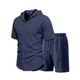thumbnail image 6 of LEKWK Men Linen Sets Outfits 2 Piece Short Sleeve Button Down Hooded Tops and Elastic Waist Shorts Lightweight Loose Fit Summer Fashion Beach Vacation Wear, 6 of 9