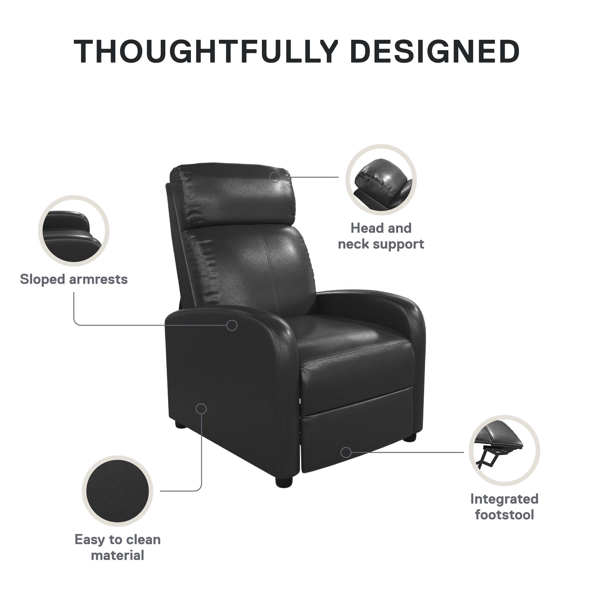 DHP Bobby Pushback Recliner Chair, Black Faux Leather