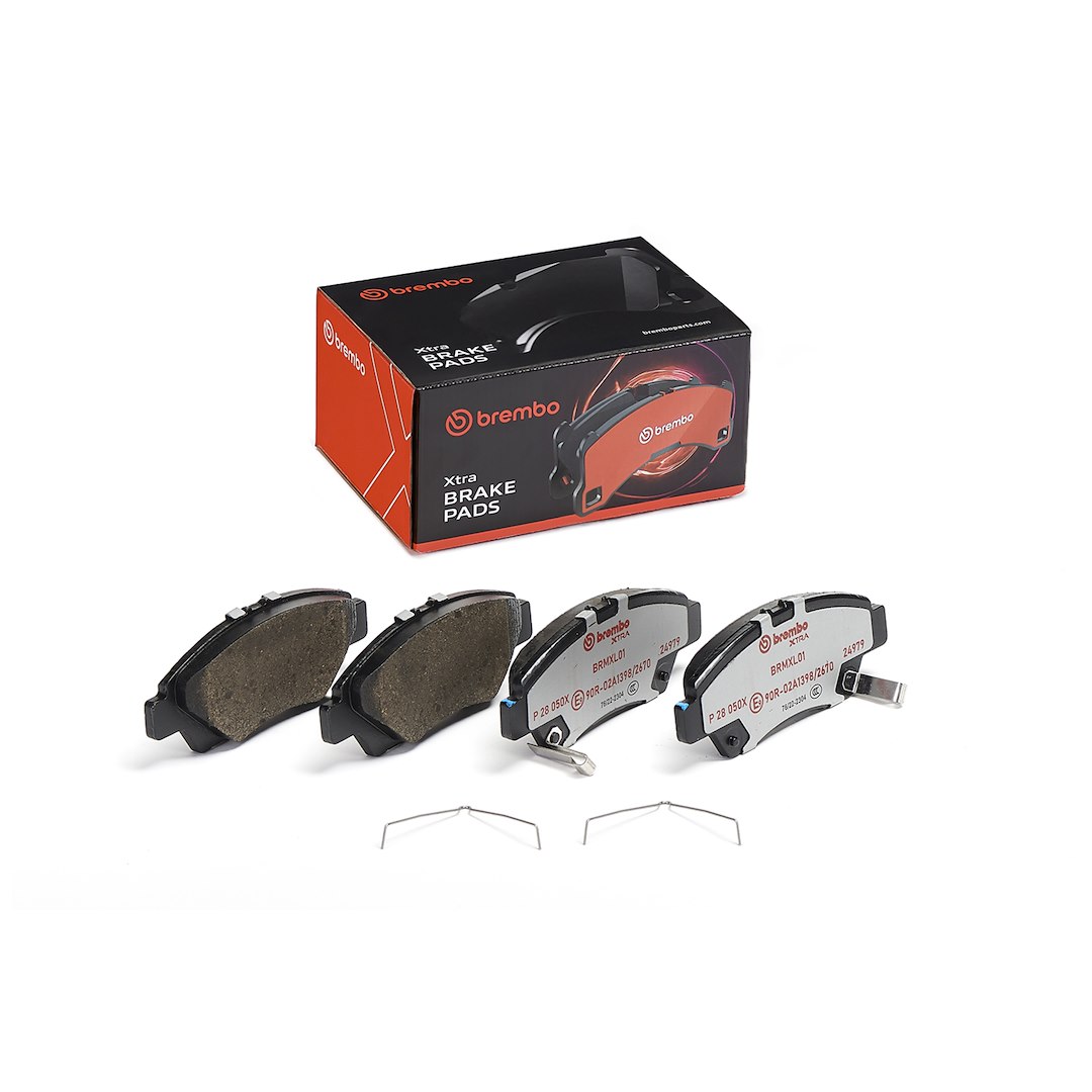 Brembo P28050X; Brake Pad; XTRALINE; FMSI Number D1394-8502; Low-Metallic; Set Of 4; With Pad Wear Sensor And Mounting Hardware