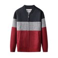 thumbnail image 2 of Luwomo Mens Jackets Mens Full Zip Color-Block Stripe Long Sleeve Cable Knitted Cardigan Sweater Coat with Pockets Regular Blouses Wine,2XL, 2 of 9