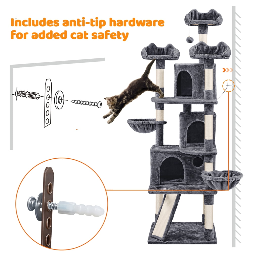 Yaheetech 76.4" Cat Tree Tower with 3 Condos and 2 Baskets, Dark Gray