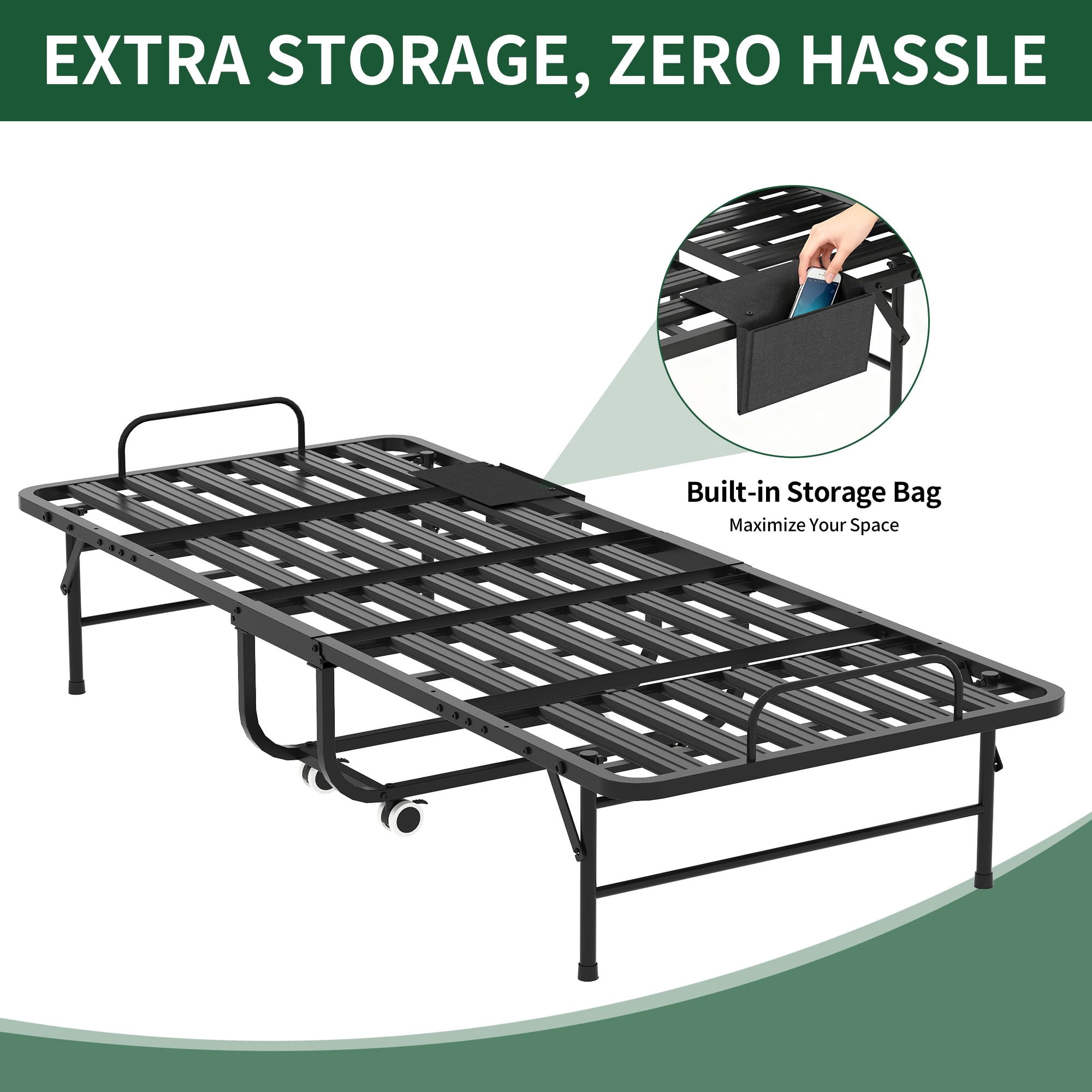 Folding Bed with 5-Inch Memory Foam Mattress, Rollaway Guest Bed, Steel Frame on Wheels, Space-Saving Twin Size