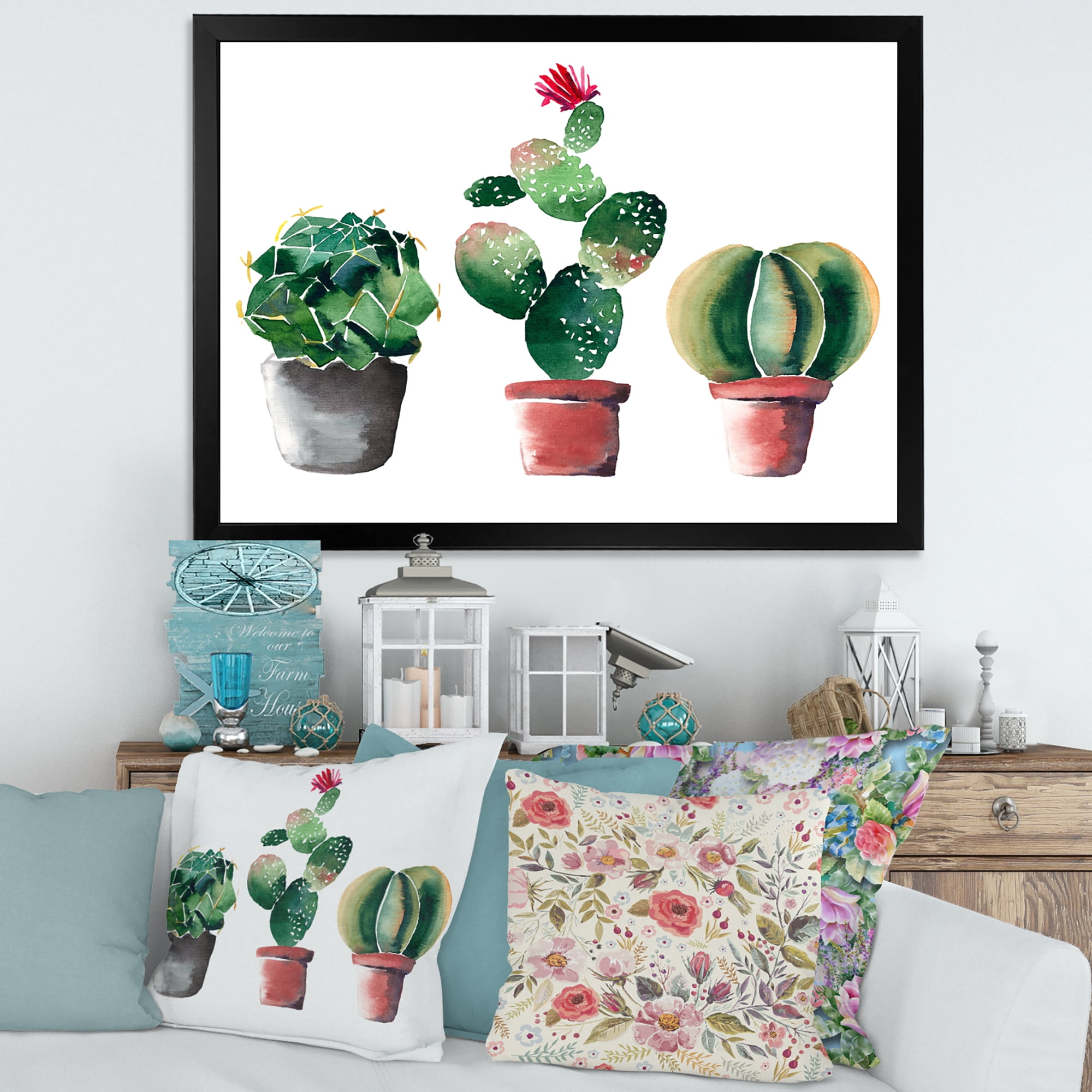 Designart 'Three Cacti In Clay Pots On White' Traditional Framed Art Print