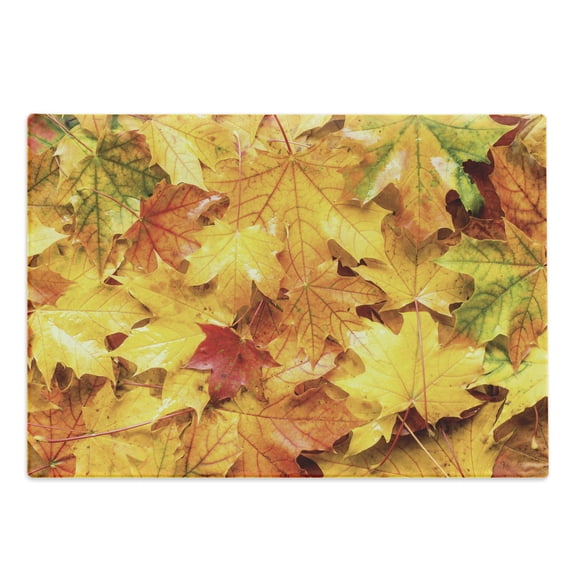 Fall Cutting Board, Wet Fall Leaves in Rainy Weather Maple Tree Nature in November Change of Seasons Theme, Decorative Tempered Glass Cutting and Serving Board, Large Size, Multicolor, by Ambesonne
