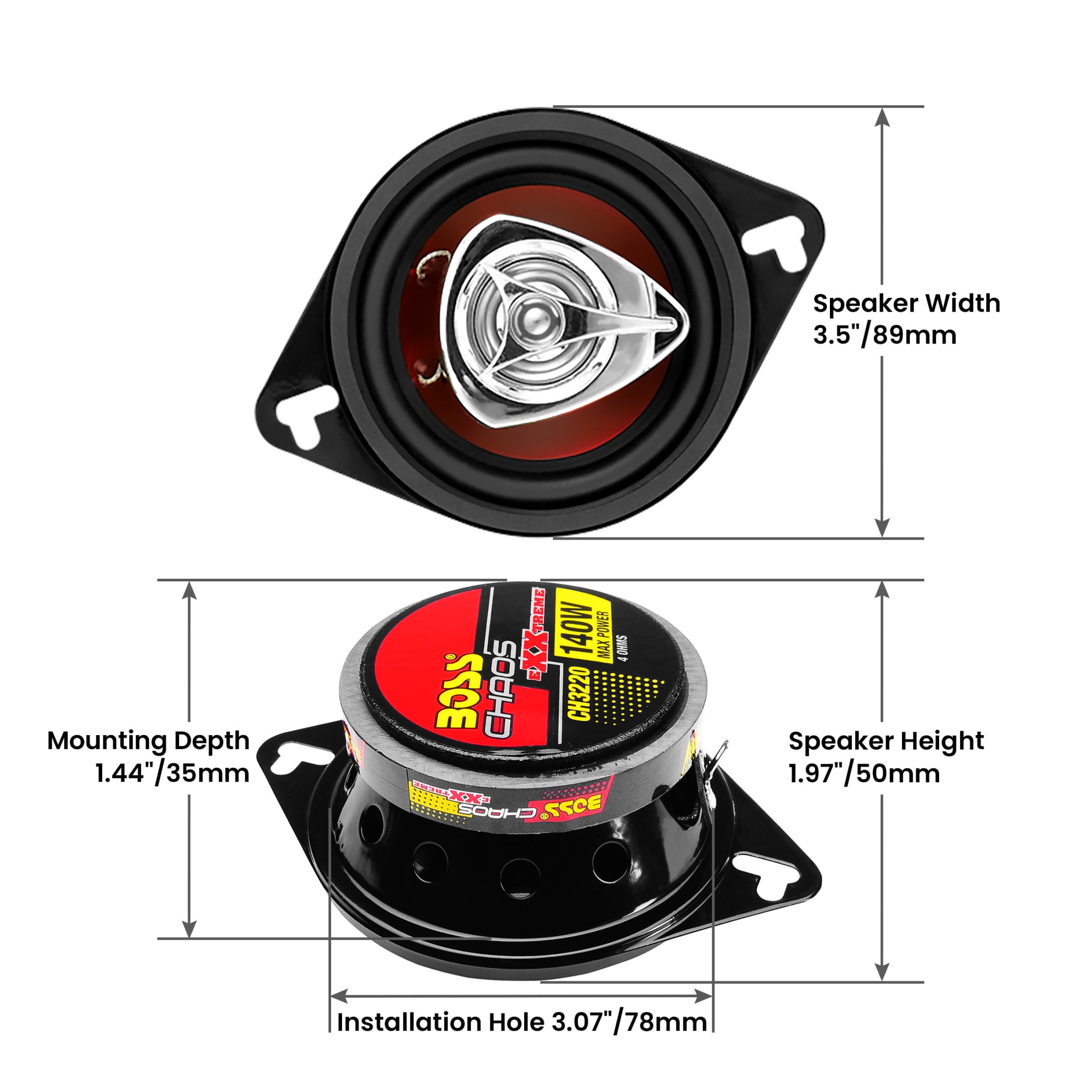 BOSS Audio Systems CH3220 Chaos Series 3.5 inch Full Range Car Door Speakers - 140 Watts Max (per pair), Coaxial, 2 Way, 4 Ohms, Sold in Pairs