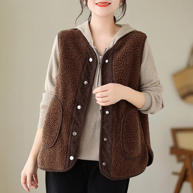 HongQid Womens Fleece Jacket Vest Sleeveless Fuzzy Sherpa Jackets Casual Coats Fall Winter Womens Tops