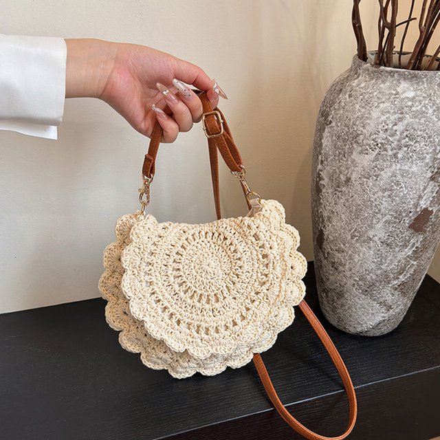 Bolso Cuerpo Cruzado Hombro Crochet Con Correa Ajustable Semicírculo Paja Tejer