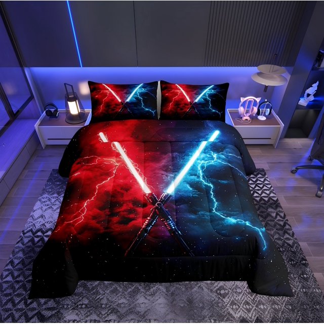 Erosebridal Chic Lightsaber Bedding Sets Queen with Comforter, Blue Red Duvet Insert, Lightning Decor, Reversible 3 Pieces