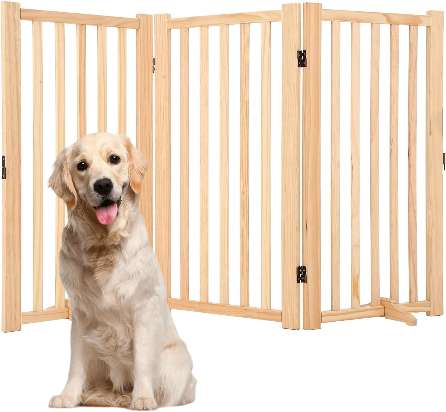 Acekid 3 Panel Freestanding Pet Gate, Foldable Dog Gate for Stairs Doorways Hallways, Step-Over Fence, Natural