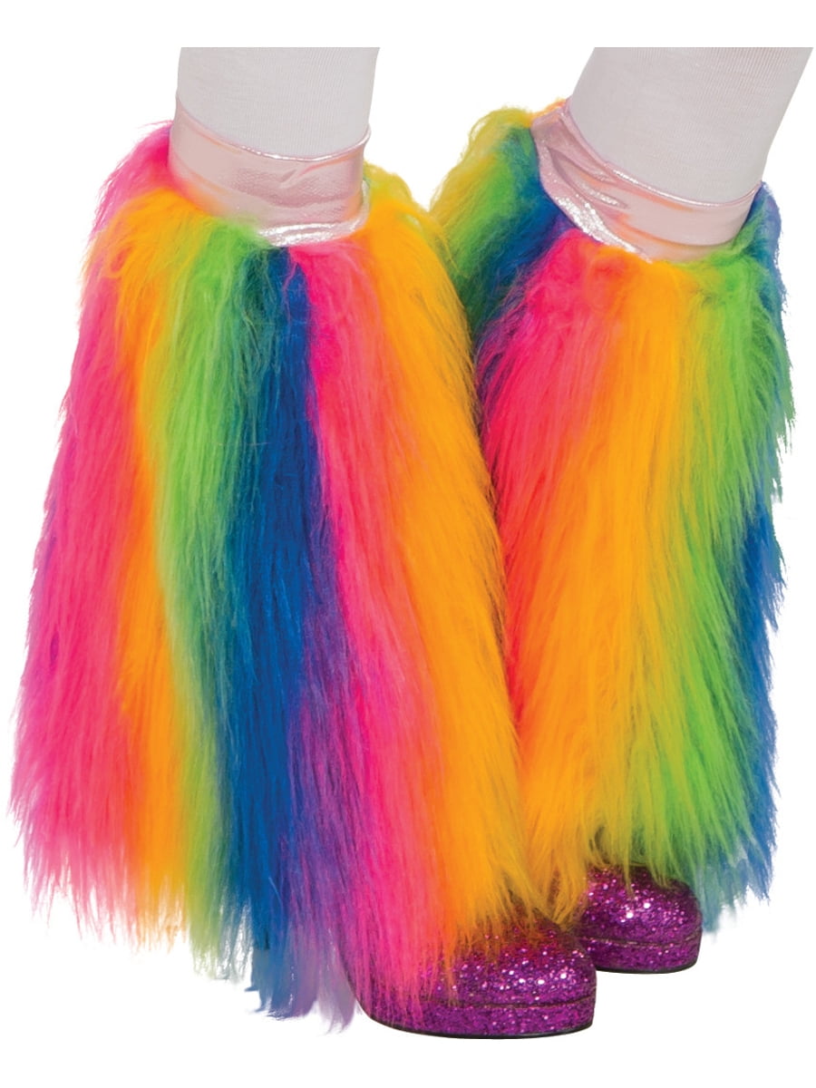 Women Rave Diva Costume Neon Rainbow Furry Fuzzy Fluffy Leg Warmers