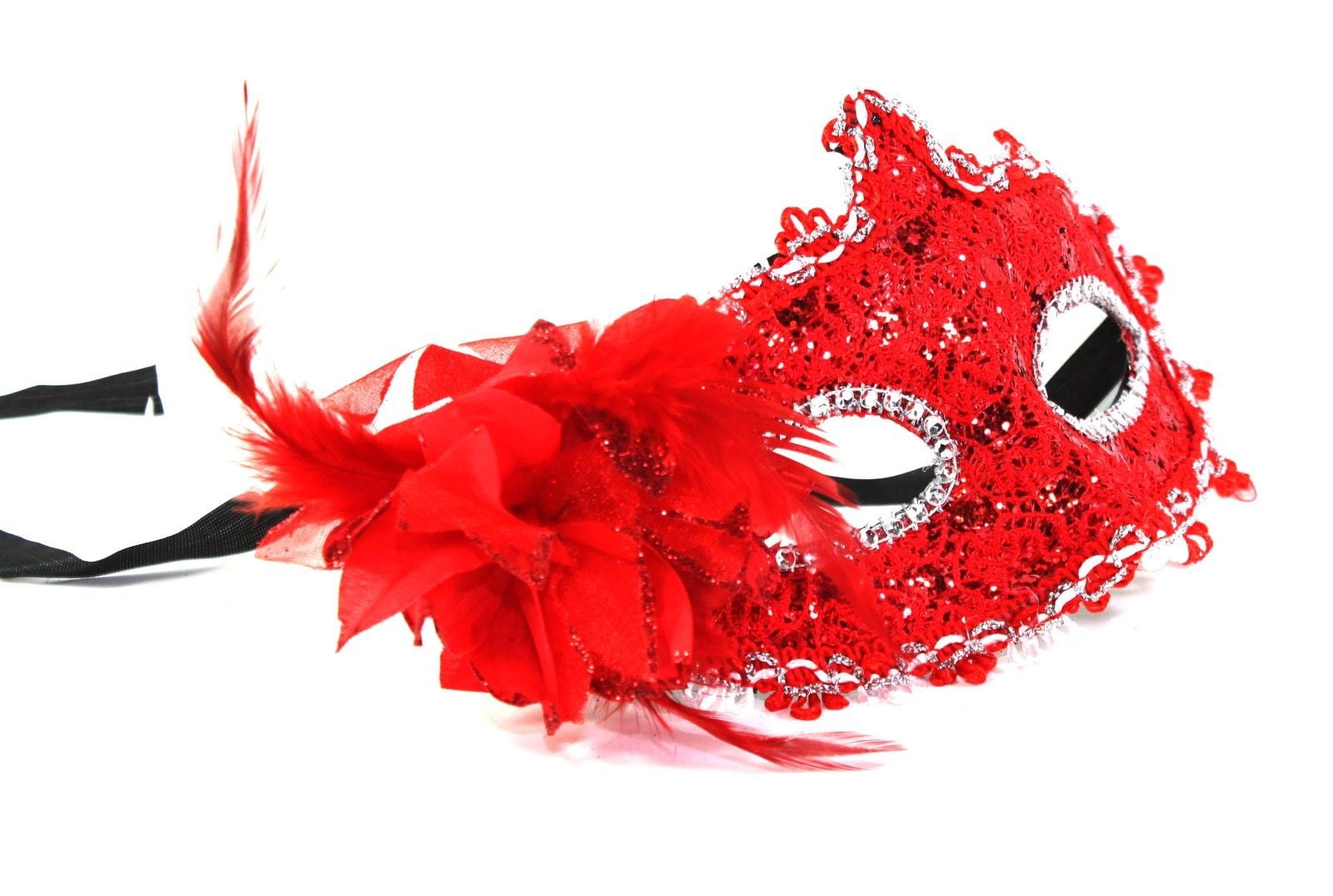 MASQUERADE RED FEATHER EYE MASK ON STICK Womens Fancy Dress Costume Accessory