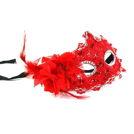 Women's Flower Feather Lace Eye Mask Masquerade Ball Party Halloween Costume (Red) New