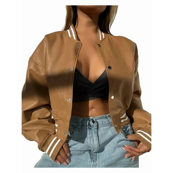 Women Mock Neck Long Sleeve Button Cropped Leather Jacket Casual Biker Moto Jacket Fall Outerwear Khaki L