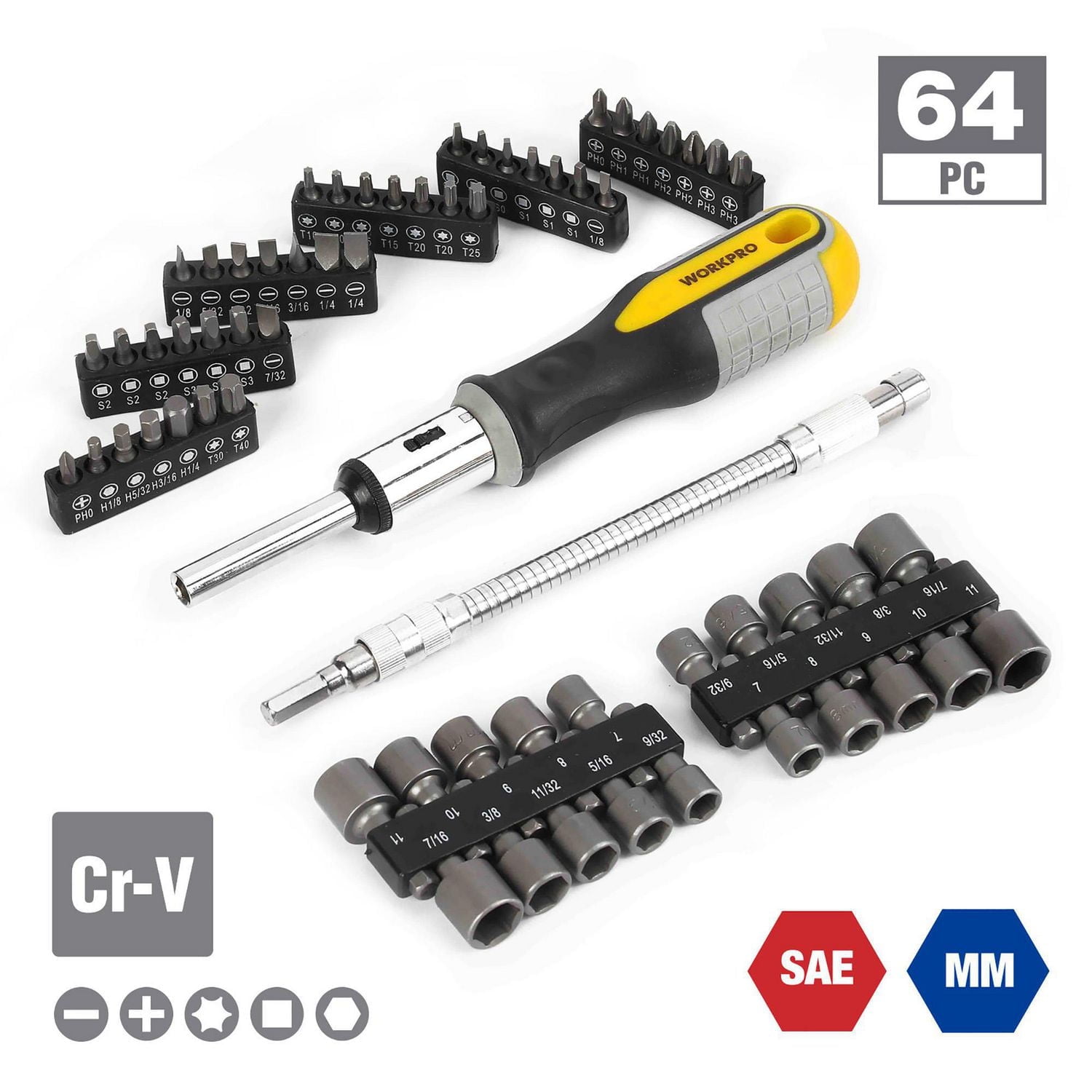 WorkPro Jeu de tournevis a cliquet - 64 Pièces Poignée TPR antidérapante