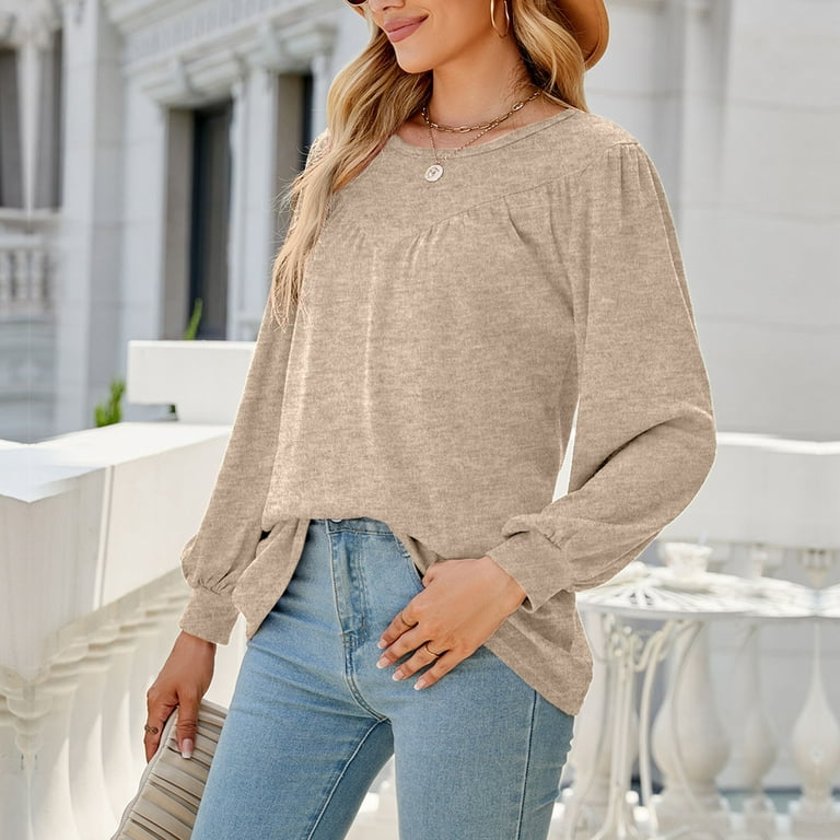 Posijego Plus Size Tops for Women Long Sleeve Casual Shirts Spring Crew  Neck Pleated Loose Tunics Tees Blouse
