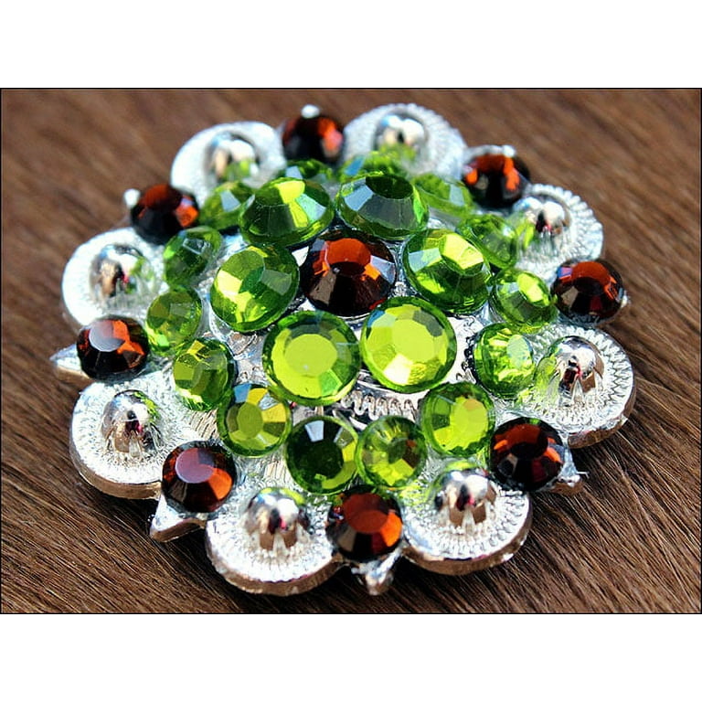 Set of 32 Screw Back Concho Brown Green Crystal 1-1/4in Bling Saddle