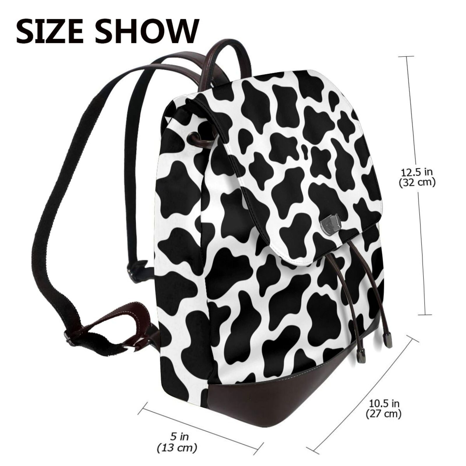 Kuqiui Cow Print Black White Print Leather Backpack Purse For Women Fashion Ladies Vintage Bags Casual College Travel Backpacks bag