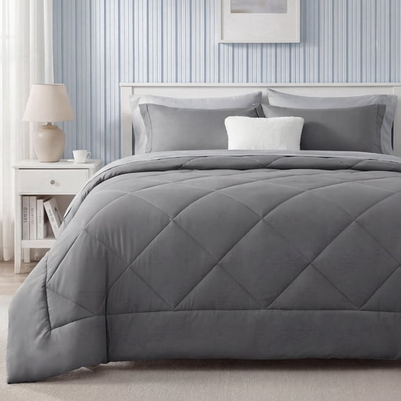U by Bedsure Queen Reversible Comforter Set - 7 Pieces Grey Bedding, Bed in a Bag with Alternative Comforter, Sheets, Pillowcases & Shams