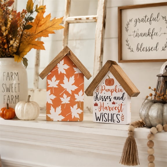 Wooden House Decor Set of 2, Rustic Farmhouse Tabletop Signs, Autumn Harvest Pumpkin Maple Leaf Home Decor, Shelf Mantel Entryway Decoration