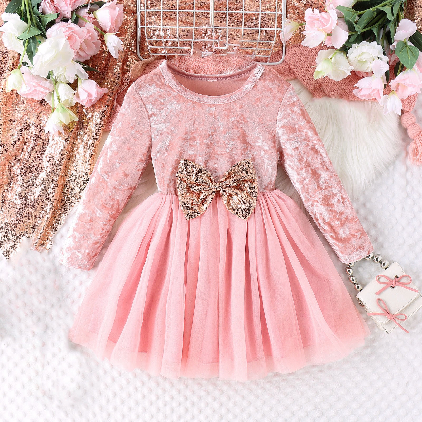 TopLLC Girls dresses 4 8 Years Old Fall And Winter Dress Round Neck Gold Velvet Long sleeved Splicing Mesh Bow Sequins Dress cotton dress