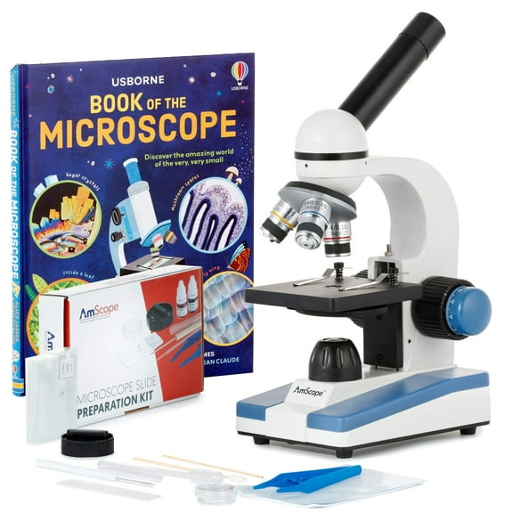AmScope 40X-1000X Portable Student Microscope with Slide Preparation Kit and Book New