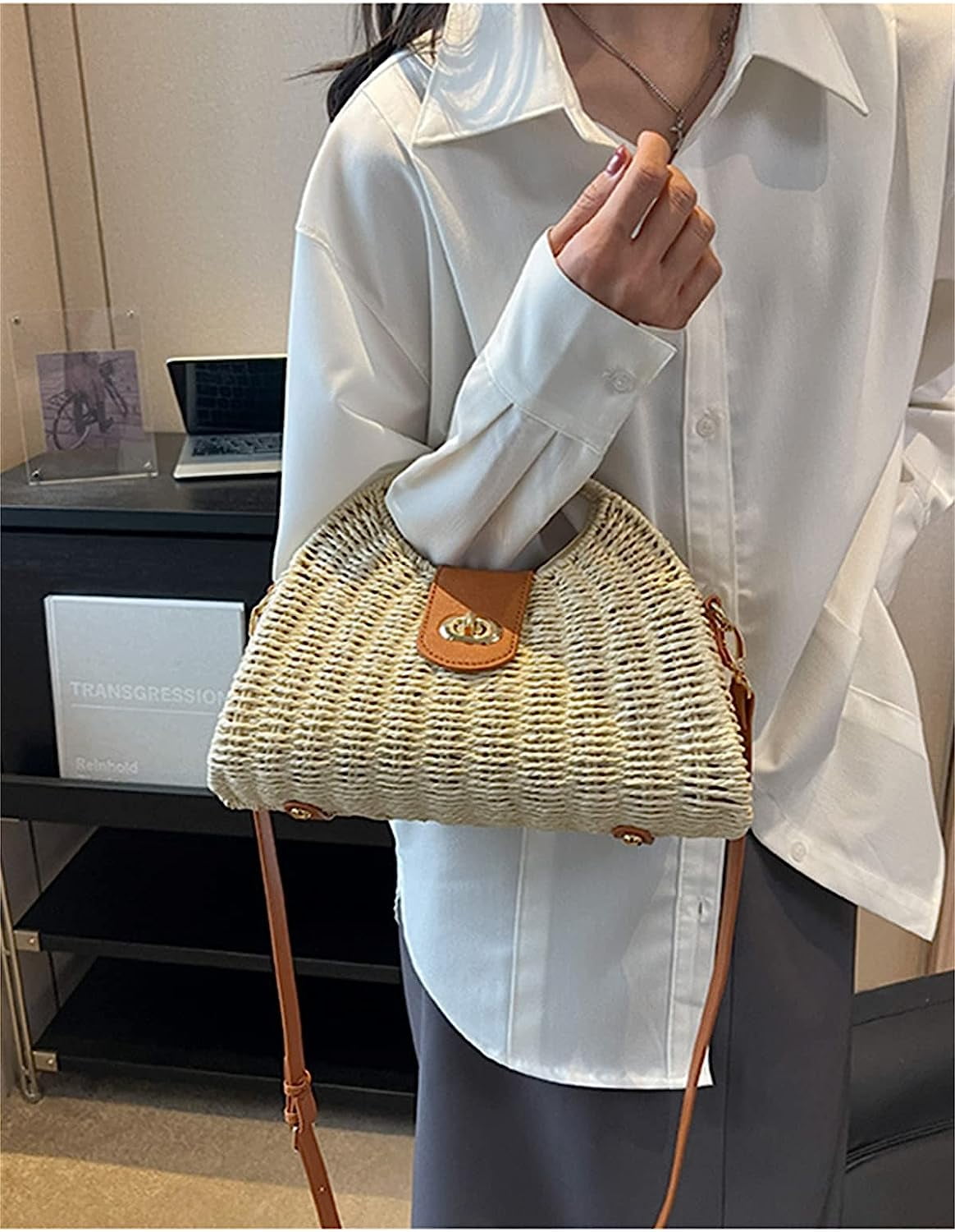 Kukuzhu Straw Handbags Women Summer Beach Tote Bag Hand Purse Vintage Wicker Woven Basket Boho Rattan Clutch Crossbody Shoulder Bag