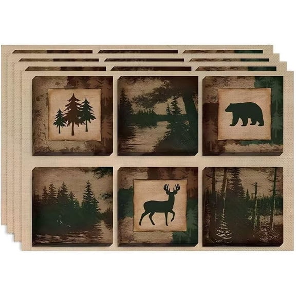 Rustic Lodge Bear Deer Placemats Set of 4, Vintage Cabin Pine Cone Plaid Place Mats, Heat Resistant Non Slip Cotton Linen Dining Table Mats for Home Kitchen Decor 18x12 Inch