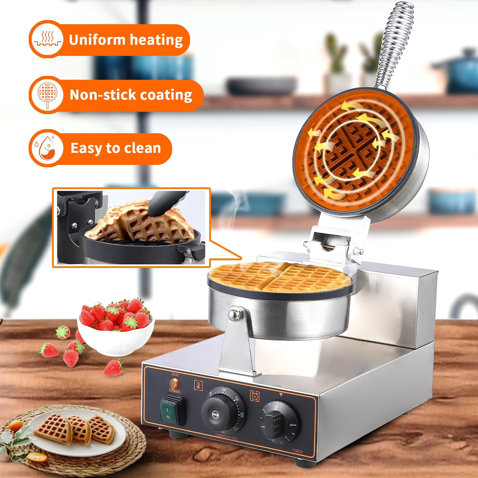 Juiluna 360° Rotating Electric Waffle Making Machine | 50-250℃ Non-Stick Flip Waffle Iron Waffle Maker Time Control Temperature Adjustable, 110V 1200W
