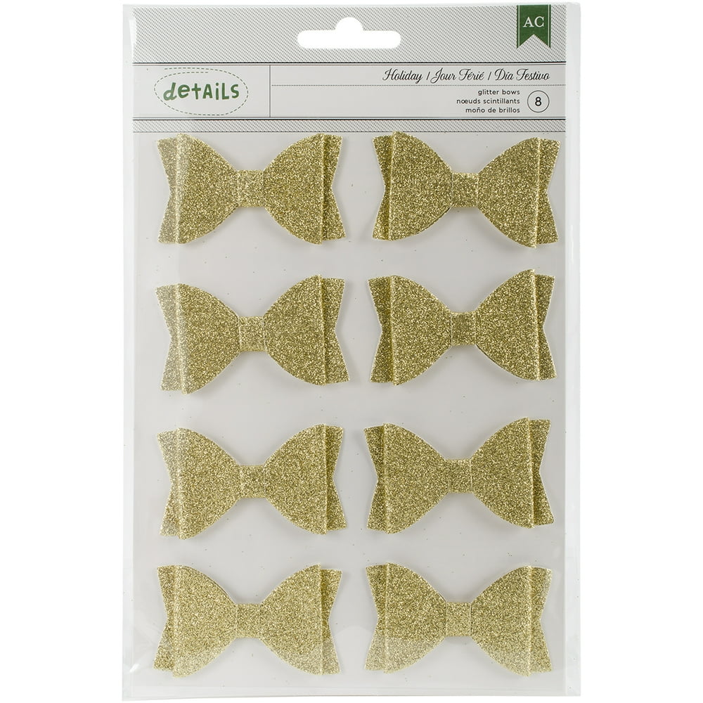 Holiday Details Glitter Bows, 8pk, Gold
