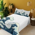 thumbnail image 2 of Ambesonne Japanese Fitted & Top Sheet Set with Shams, Ocean Surfing Aquatic, Dark Blue White, 2 of 5