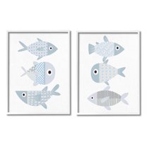 Stupell Industries Whimsical Blue Patterned Fish Graphic Art White Framed Art Print Wall Art, Set of 2, Design by Kim Allen