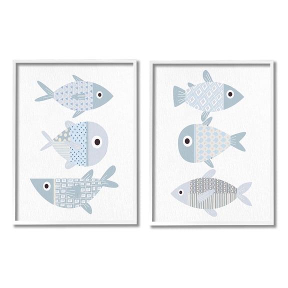 Stupell Industries Whimsical Blue Patterned Fish Graphic Art White Framed Art Print Wall Art, Set of 2, Design by Kim Allen